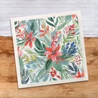 Botanical Watercolor Red Poinsettia Flowers Leaves Glass Coaster