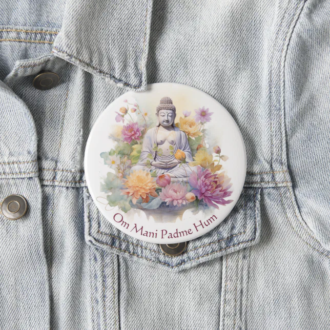 Watercolor Serene Buddha Pink Yellow Flowers Art Button