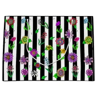 Black and White Striped Floral Whimsical Large Gift Bag