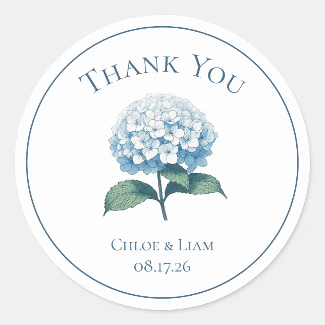 Elegant Blue Hydrangea Flower Wedding Thank You Classic Round Sticker