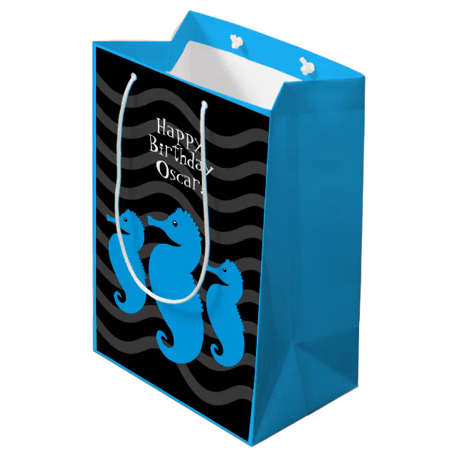 Happy Birthday! Cute Blue Seahorses on Grey Waves Medium Gift Bag