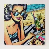 Beautiful Retro Lady at the Beach with Cocktail