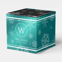 Festive Light Blue Foil Snowflakes Monogram Name Favor Boxes