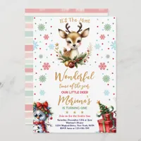 Reindeer Christmas 1st Birthday Red Winter Deer Invitation