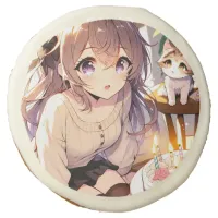 Pretty Anime Girl with Kitten and Birthday Cake Sugar Cookie