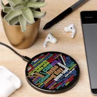 Colorful Hello in Many Languages Word Cloud Wireless Charger