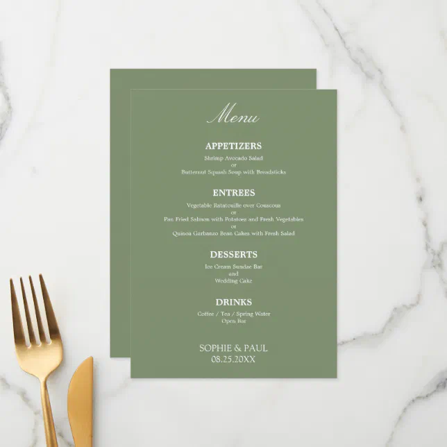 Stylish Elegant Sage Green Wedding Menu