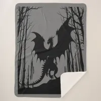 Black Silhouette Dragon on Grey - Fantasy | Sherpa Blanket