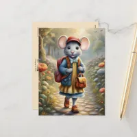 Cute mouse girl on her way to school, custom postcard