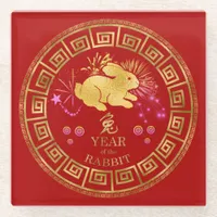 Chinese Zodiac Rabbit Red/Gold ID542 Glass Coaster