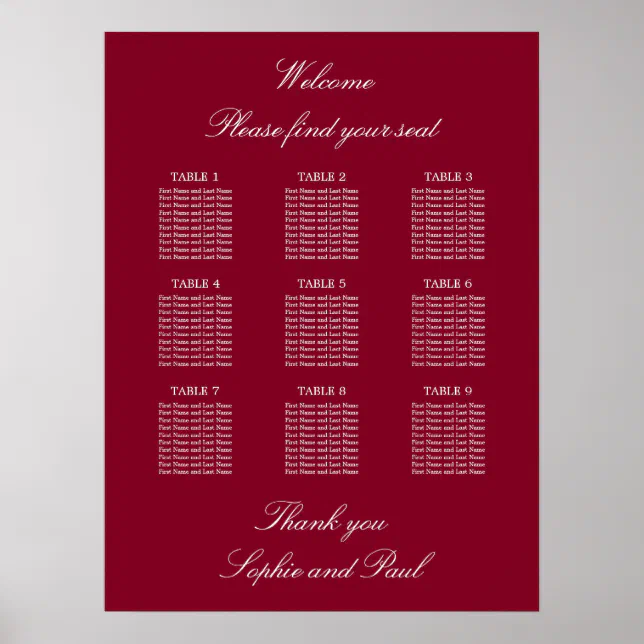 Burgundy 9 Table Wedding Seating Chart Poster