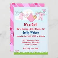 Cute Girl Clothesline Hearts Boho Baby Shower Invitation