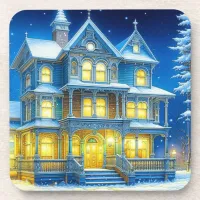 Joyeux No&#235;l Pretty Blue Christmas House Beverage Coaster