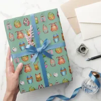 Cute Animal Pretty Colorful Watercolor Owls Green Wrapping Paper