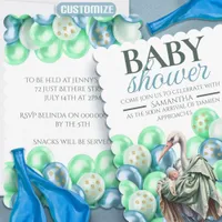 Stork With Baby Boy And Balloons Baby Shower Invitation