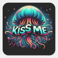 Colorful Jellyfish Illustration With Kiss Me Text  Square Sticker