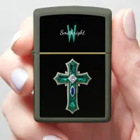 Emerald Dreamscape: A Diamond-Crusted Cross Zippo Lighter