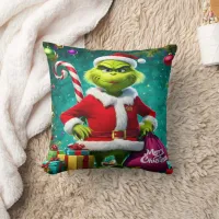 Grinch enjoys Christmas gifts and joy Throw Pillow