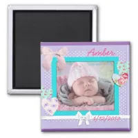 Baby Photo Birthday Announcement Purple and Aqua Magnet