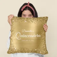 Square Gold Glitter Border and Foil Quinceañera Throw Pillow