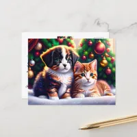 Cute puppy and cat under Christmas tree Postcard