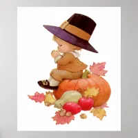 Vintage Pilgrim Boy Praying on Pumpkin Poster