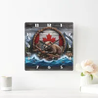 Canadian Beaver in Front of Mountain Landscape Square Wall Clock