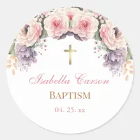 Modern Pink Watercolor Floral Baptism  Classic Round Sticker