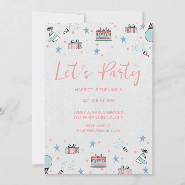 Pink and White Illustrative Cake Birthday Party Invitation