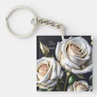 Gorgeous white roses with golden details keychain