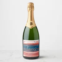 Watercolor Red Stripes and Blue Band Sparkling Wine Label