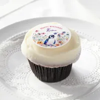 Penguin in Flowers Girl's Birthday Personalized Edible Frosting Rounds