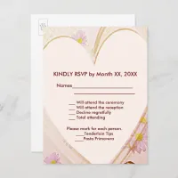 Pink Flowers, Heart, Rings RSVP Wedding Dinner Invitation Postcard