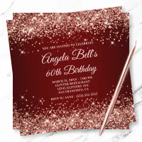 Sparkly Rose Gold Glitter Dark Red 60th Birthday Invitation