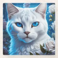 White Cat with Bright Blue Eyes Floral Glass Coaster