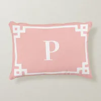 Light Coral and White Greek Key Border Monogram Accent Pillow