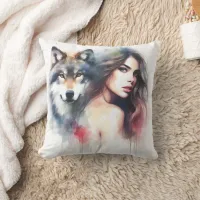 Native American Woman Posing With Wolf Throw Pillow