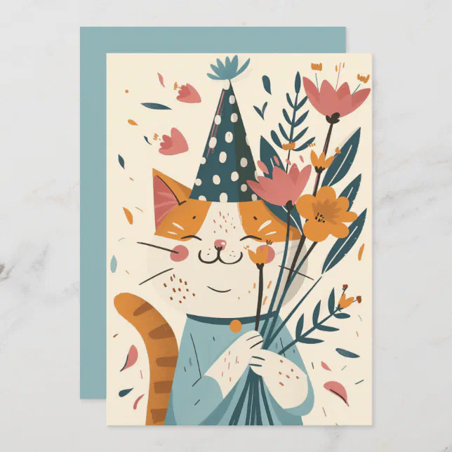 Happy Birthday Cat With Flowers Card