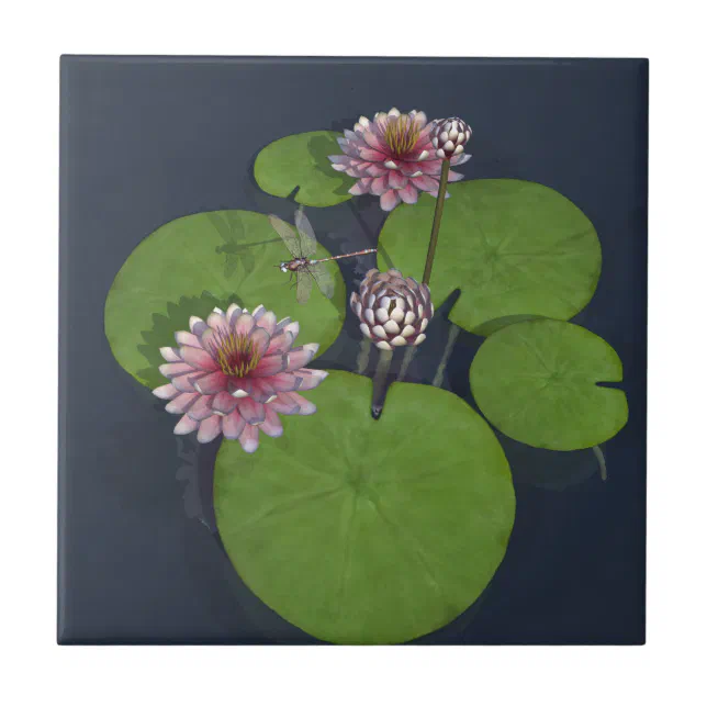 Pretty Pink Water Lily and Dragonfly Tile