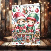 Adorable Christmas Elves in their Toy Shop Holiday Card