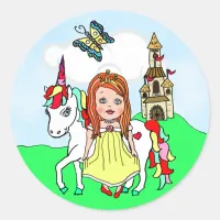 Cute Red Haired Princess and Unicorn Castle Classic Round Sticker