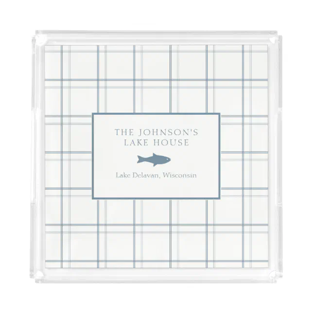 Classic Customizable Plaid Lake House Blue Fish Acrylic Tray