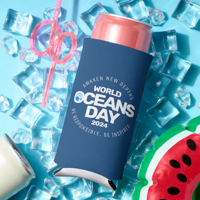 Thumbnail for World Oceans Day Blue Stylized Earth Waves Seltzer Can Cooler