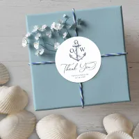 White Navy Nautical Wedding Monogram Thank You Classic Round Sticker