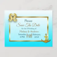 Aqua Blue and Gold Save the Date Postcards