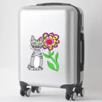 Whimsical Folk Art Gray  Cat and Colorful Flower Sticker