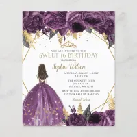 Budget Purple Gold Princess Sweet 16 Invitation