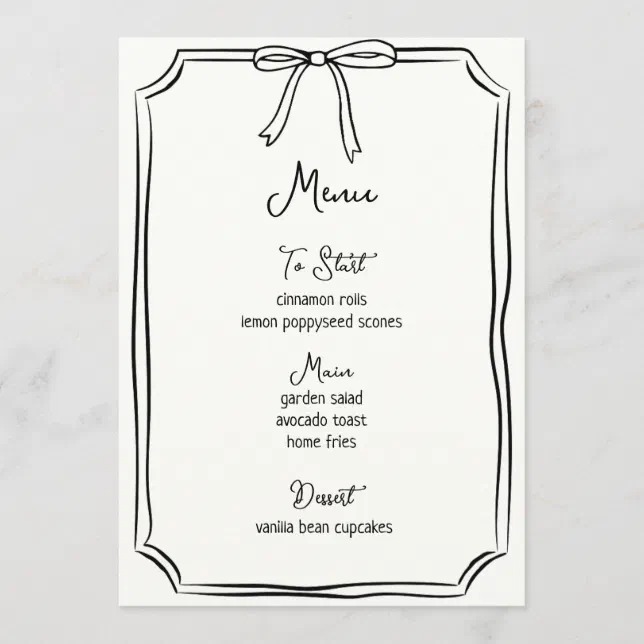 Whimsical Hand Drawn Bow Girly Coquette Chic Menu