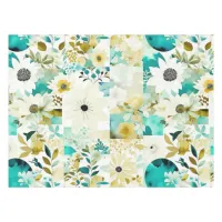 Pretty Folk Art White and Turquoise Flowers   Tablecloth