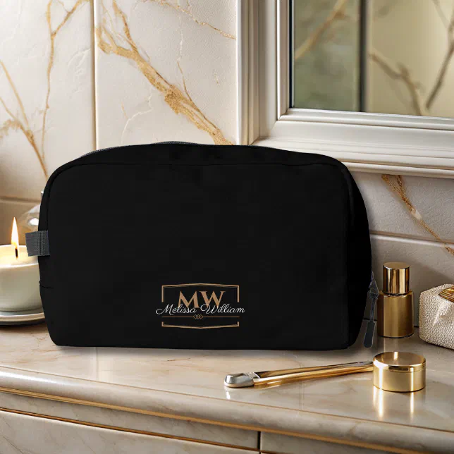 Black White Gold Monogram Name Script Dopp Kit